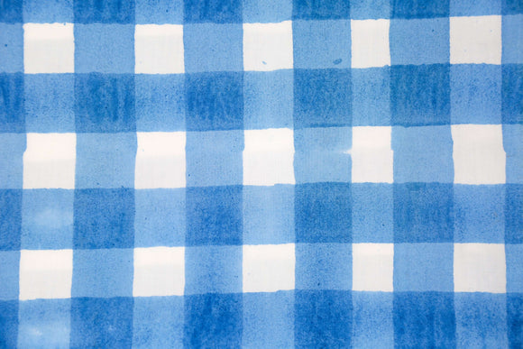 Blue and white gingham block printed pattern