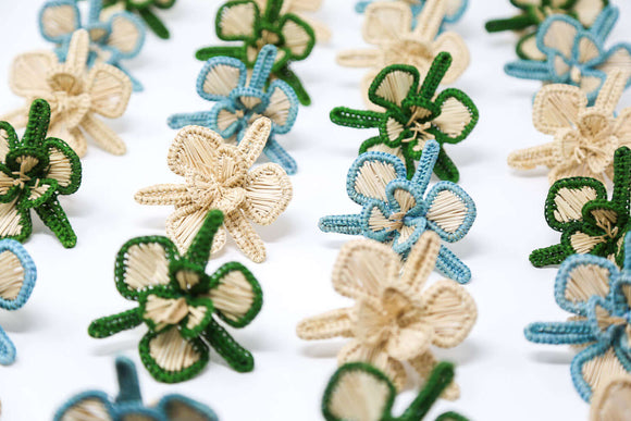 Green, blue and natural woven napkin rings