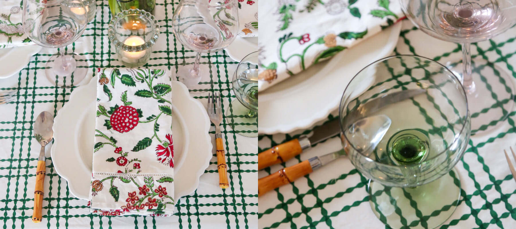 Green and white block printed tablecloth with cotton napkins