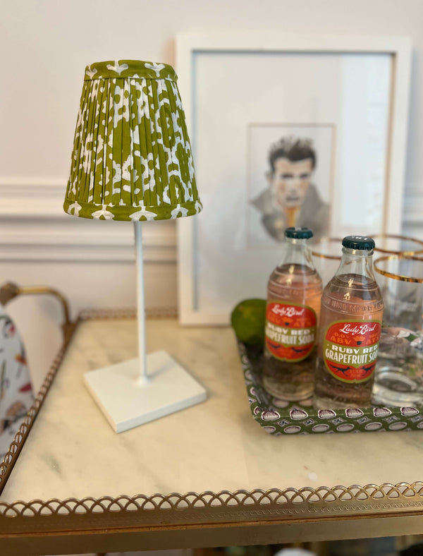 Bar cart with green block printed lampshade on Poldina Pro cordless lamp