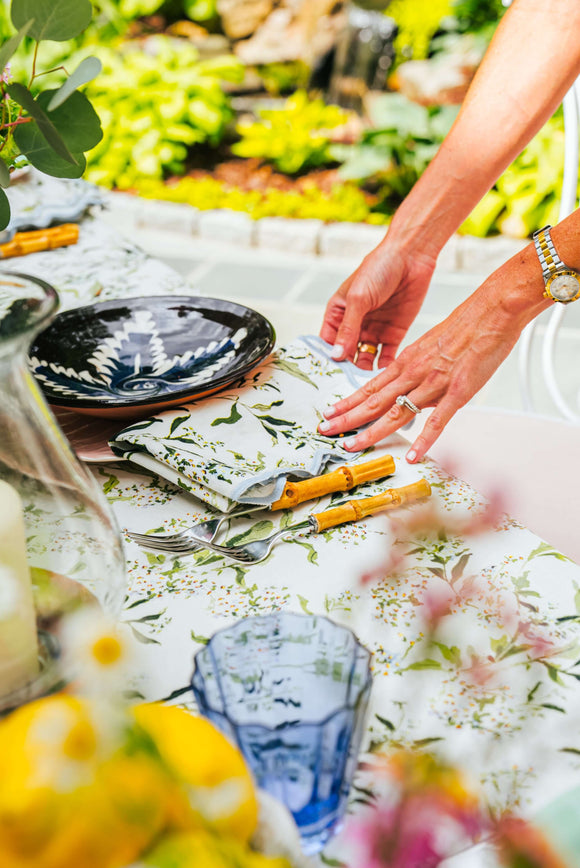 Inslee Claiborne Napkins, Set of 4 | From our Inslee Fariss collab, the Claiborne block print napkins feature blue blossoms and vines on crisp white linen—elegant, effortless, and summer-ready.