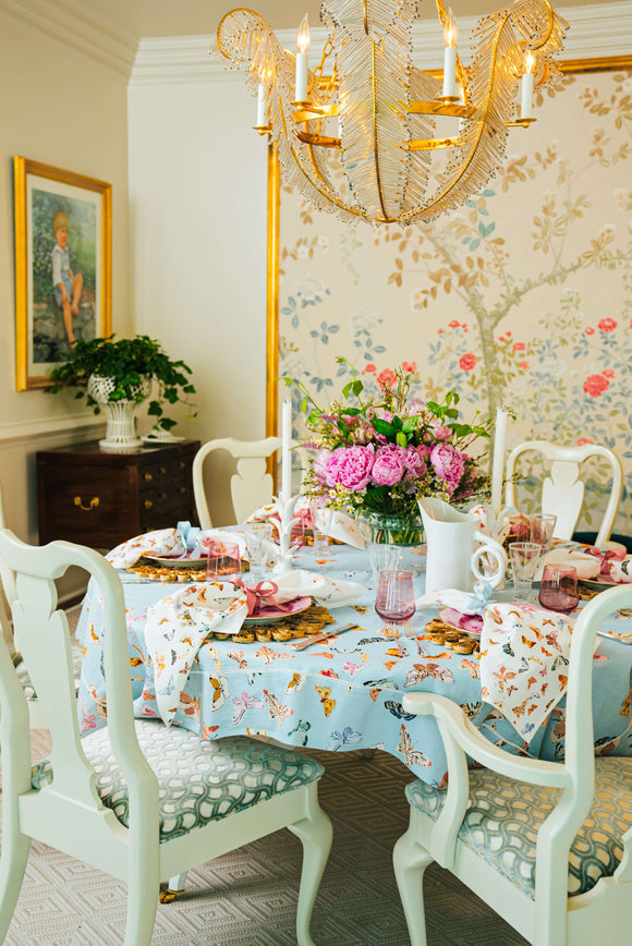 Inslee Persephone Linen Tablecloth | The Persephone linen block print tablecloth features Inslee Fariss’s watercolor butterflies on soft blue—elegant, airy, and perfect for relaxed gatherings.