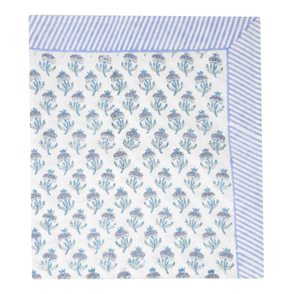 Blue block printed floral tablecloth