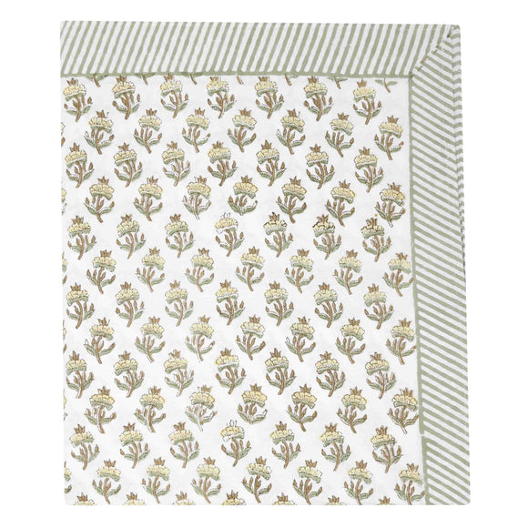Green block printed floral tablecloth