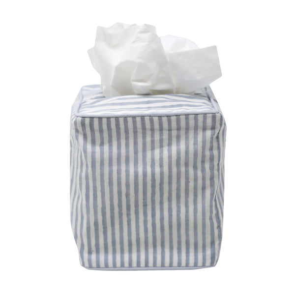 Blue striped block printed tissue box cover