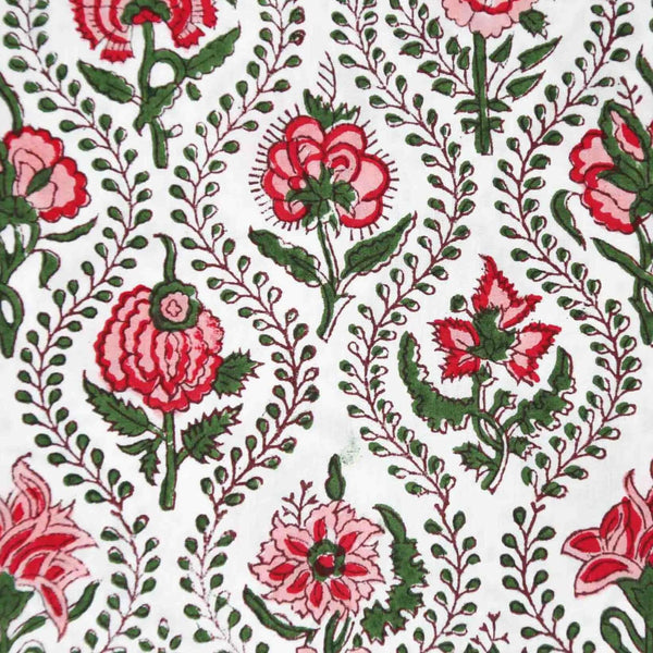 Close up of pink and green floral block print on fabric