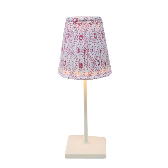 Red block printed lampshade on Poldina Pro cordless lamp