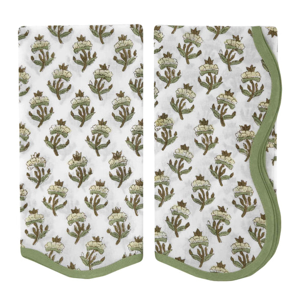 Pair of olive floral block print napkins with a scalloped border