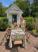 Outdoor farm table with block printed tablecloth