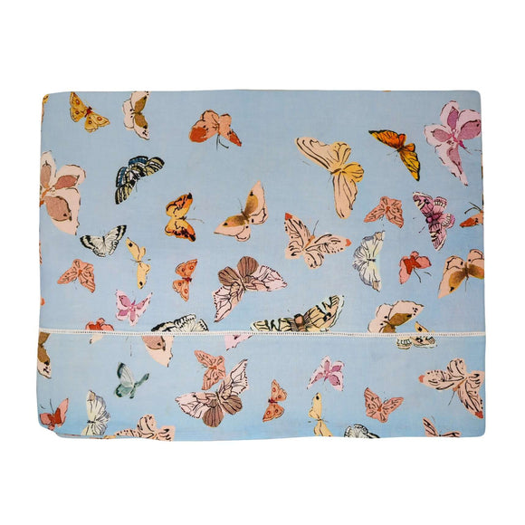 Inslee Persephone Linen Tablecloth | The Persephone linen block print tablecloth features Inslee Fariss’s watercolor butterflies on soft blue—elegant, airy, and perfect for relaxed gatherings.