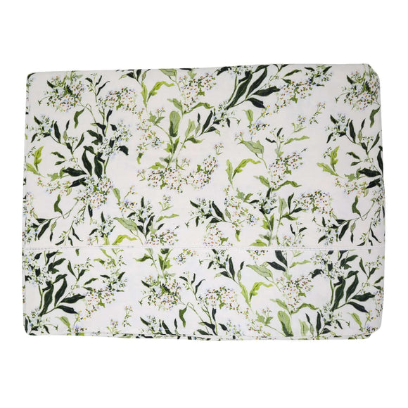 Inslee Claiborne Linen Tablecloth with green floral pattern on white background, featuring hand-painted design.