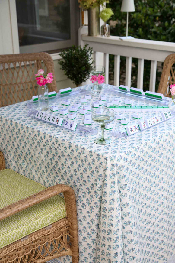 Mahjong set on block printed tablecloth