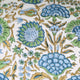 Close up of blue and green block printed lumbar pillow cover