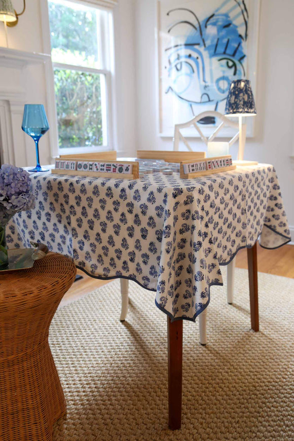 Mahjong set on blue and white block printed tablecloth in living room