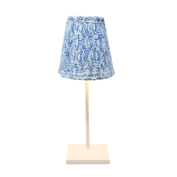 Blue block printed lampshade on Poldina Pro cordless lamp