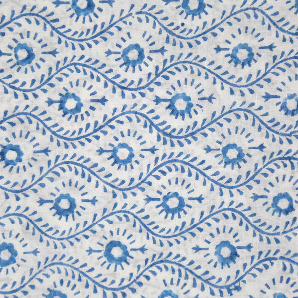 Close up of blue block printed swimsuit cover up fabric