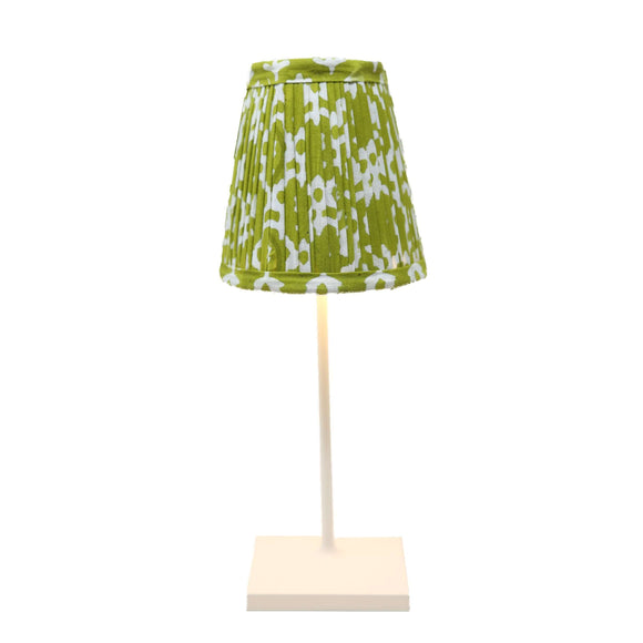 Green block printed lampshade on Poldina Pro cordless lamp