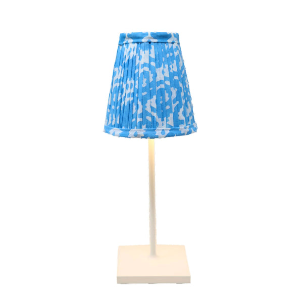 Blue block printed lampshade on Poldina Pro cordless lamp