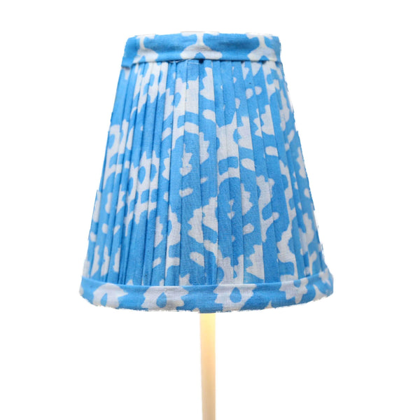 Blue block printed lampshade on cordless lamp