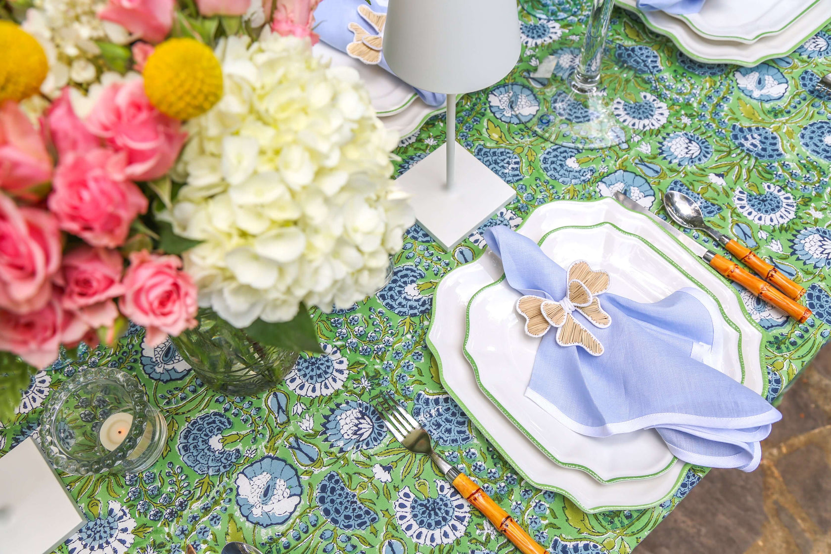block printed table linens with flowers