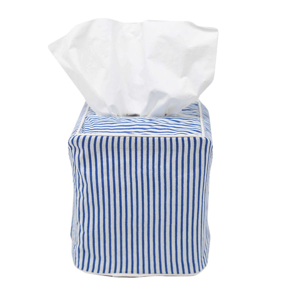 Blue and white striped block printed tissue box cover