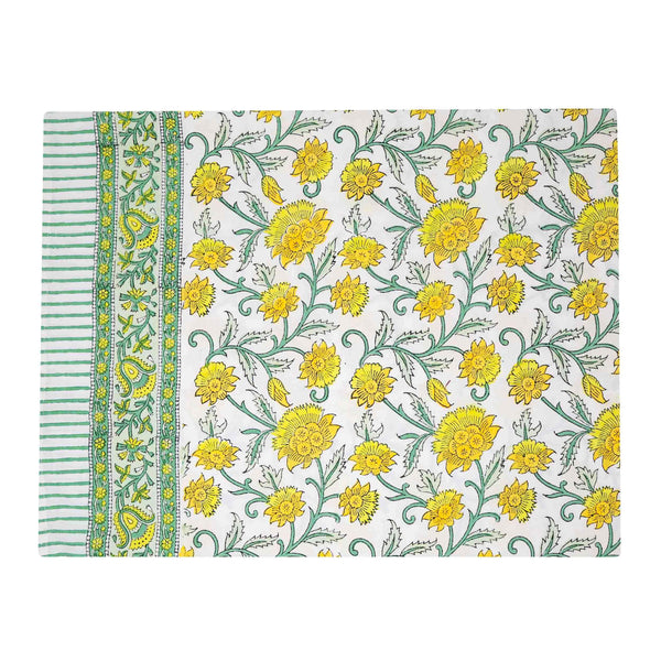 Yellow floral block printed rectangular tablecloth