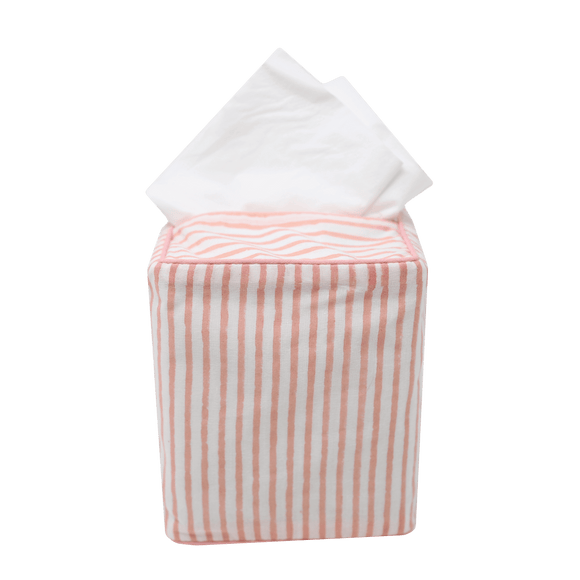 Pink striped block printed tissue box cover