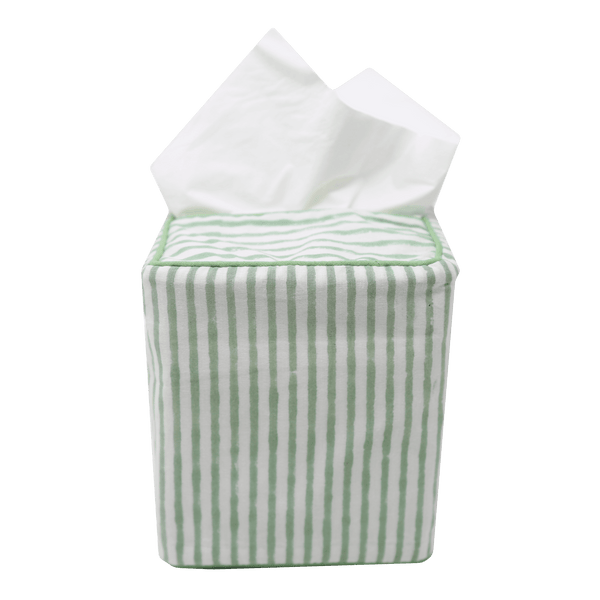 Green striped block printed tissue box cover