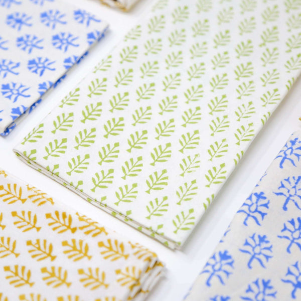 Blue, green and gold block printed napkins