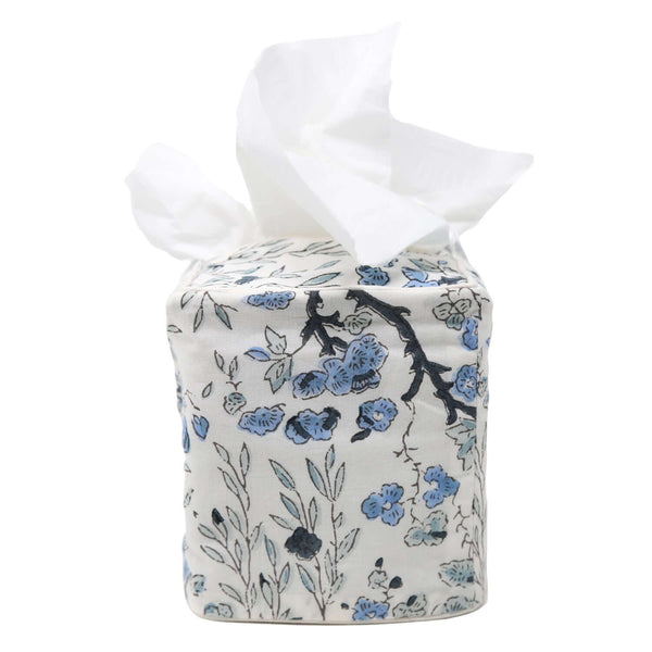 Blue floral block printed tissue box cover