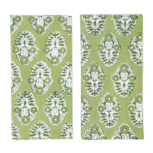 Set of green block printed cotton napkins