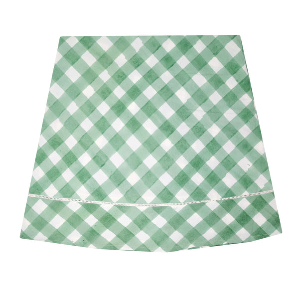 Green and white gingham block printed round tablecloth