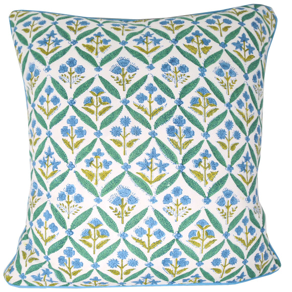 Green and blue block printed pillow cover
