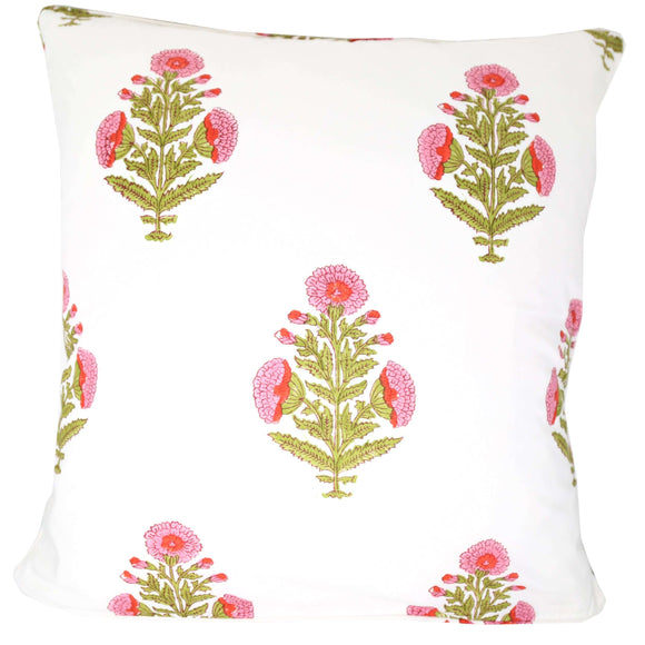 Pink and green block printed floral pillowcase
