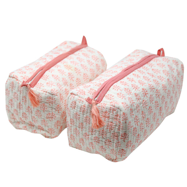 Pink block printed toiletry bags