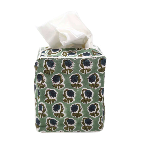 Green block printed tissue box cover