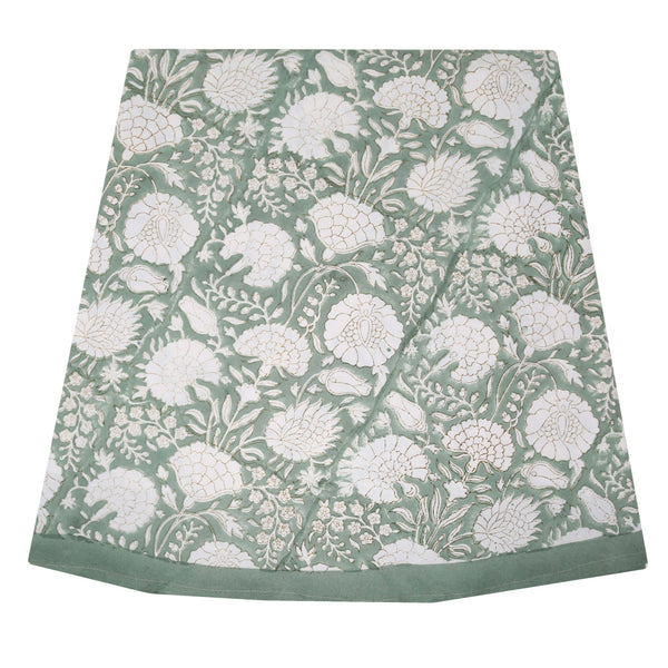 Green and white block printed tablecloth with green border