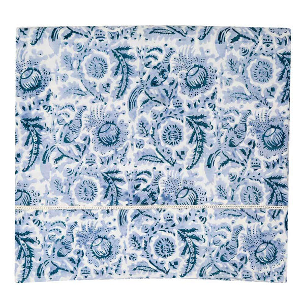 Blue and white block printed tablecloth