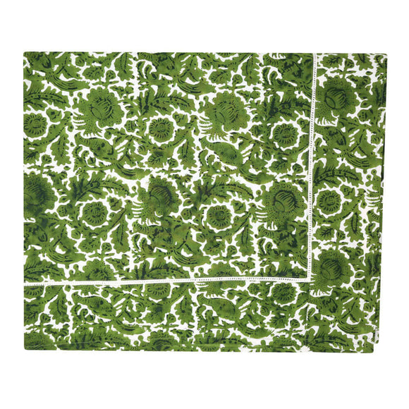 Green and white block printed tablecloth