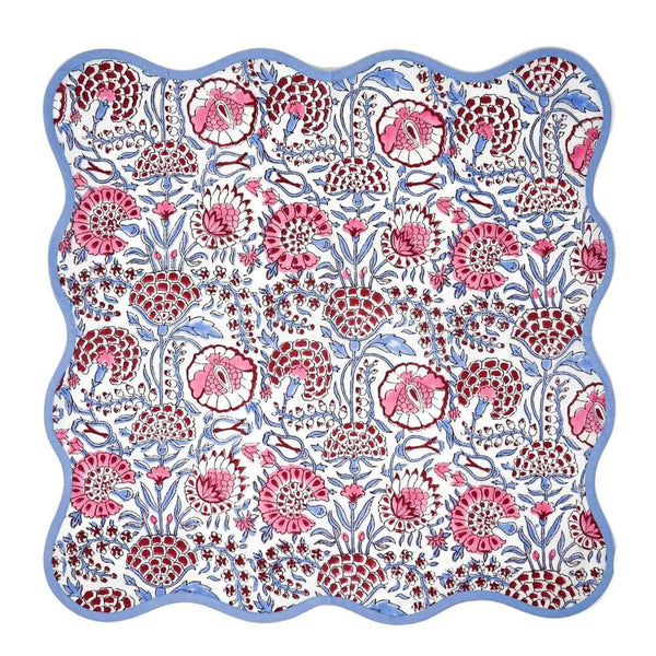 Pink and blue block printed cotton napkin unfolded