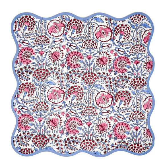 Pink and blue block printed cotton napkin unfolded