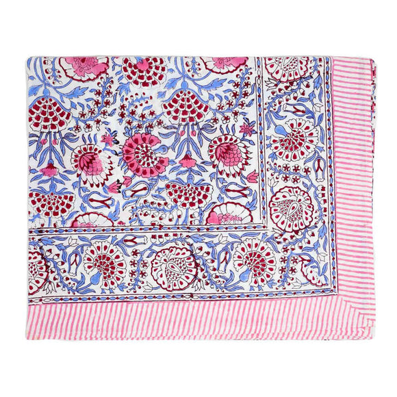 Pink and blue block printed tablecloth