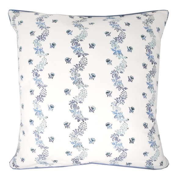 White and blue block printed pillow cover