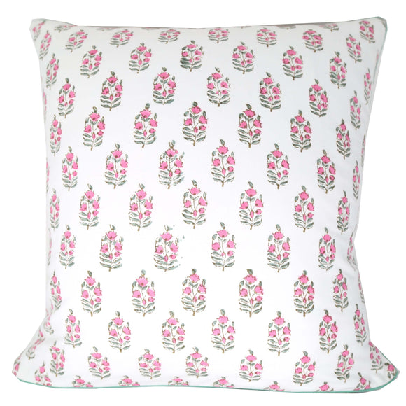 Pink and white block printed pillow cover