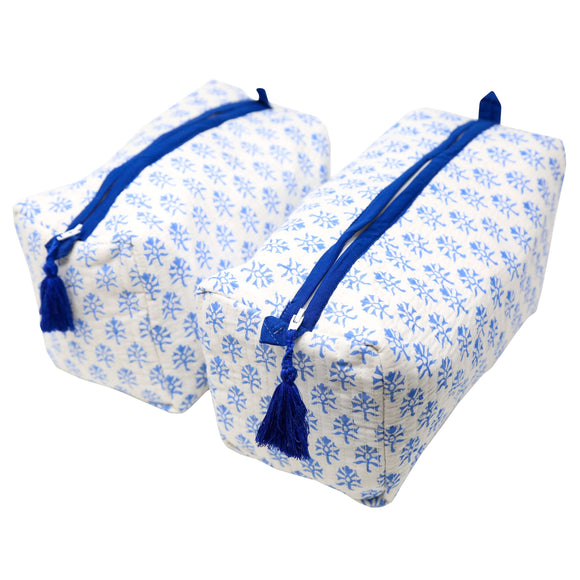 Set of blue and white toiletry bags