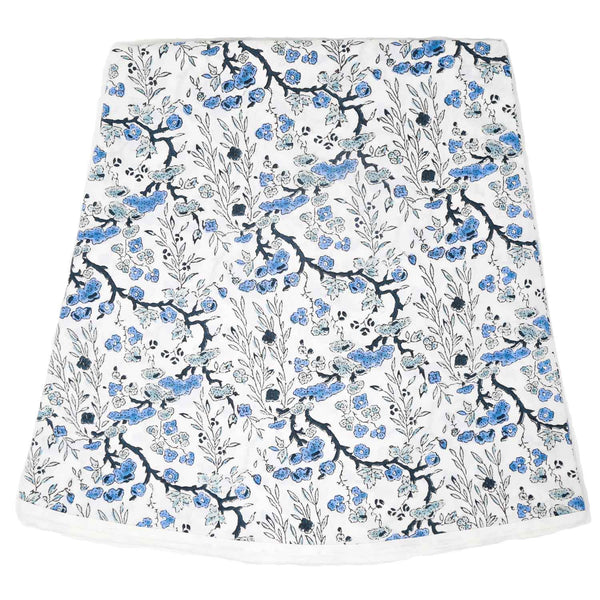 Blue floral block printed round tablecloth with white piping