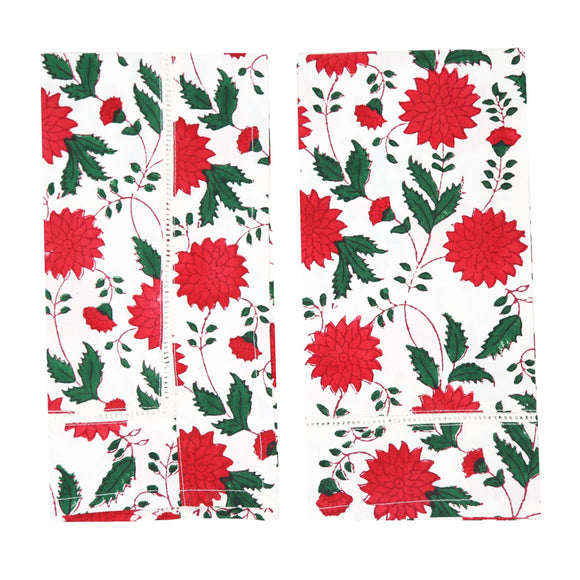 Set of red, white and green floral cotton napkins