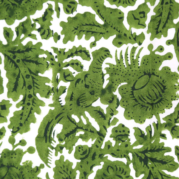 Close up of green and white block printed pattern