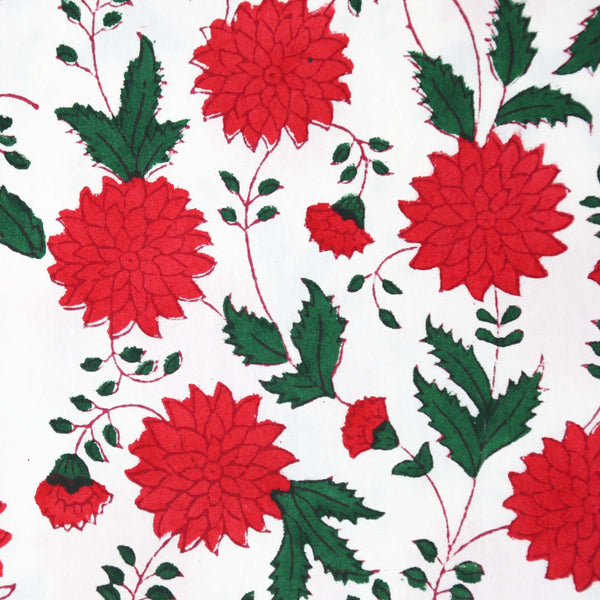 Close up of red, white and green block printed pattern