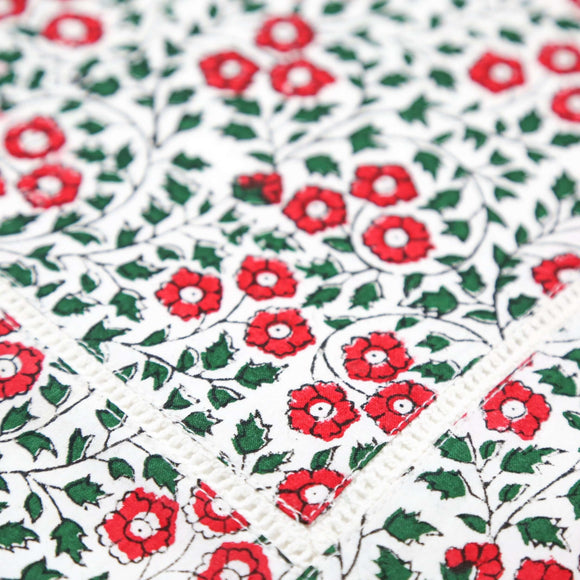 Close up of hemstitch on block printed table runner
